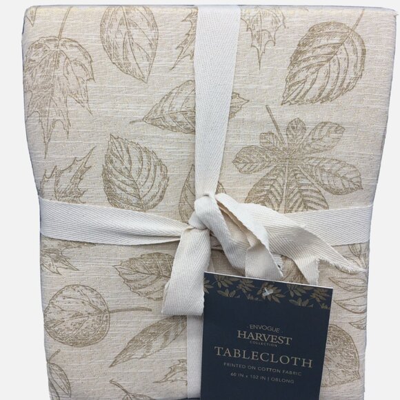 Envogue Harvest Fall Leaves Tablecloth 60x102 Gold Shimmer Tan Thanksgiving - Picture 1 of 11